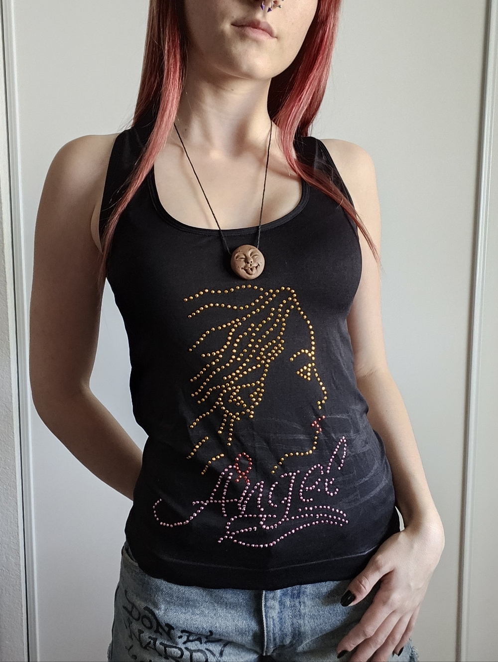 Deadstock y2k Secret Viennas Black angel bling  rhinestone tank top open back SM